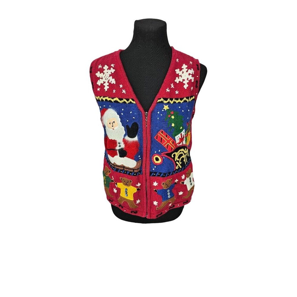 Vintage‎ Christmas Vest Ugly Sweater Santa & Bears Hampshire Studio M Red